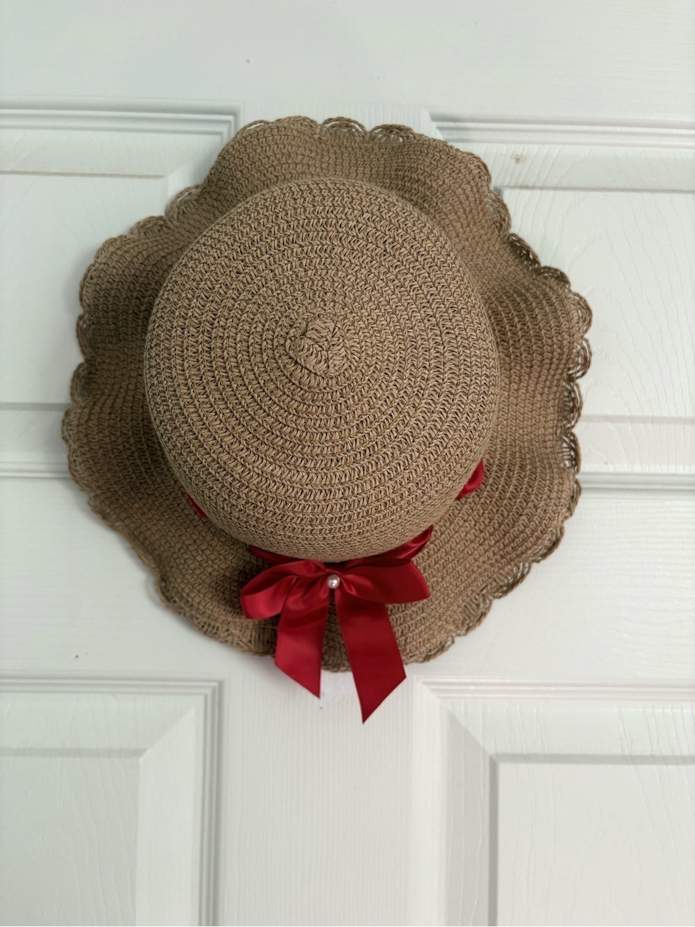 🌸Straw hat for girls with a red bow and pearl - Vintage style size 4/6
